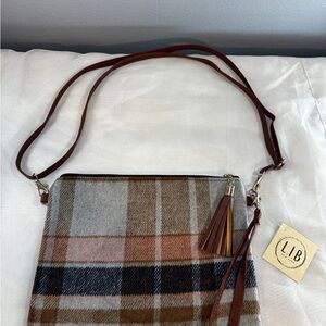 - Brown and Gray Plaid purse  LIB  New York Soft  flannel clutch wristlet NWT
